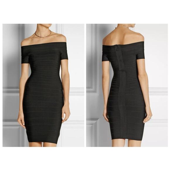 Herve Leger Size S Bandage Dress CARMEN” Black Off the Shoulder Knee Length - Picture 1 of 10